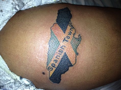 Jamaica tattoo Jamaica Tattoo Ideas Men, Jamaica Tattoo Ideas, Jamaica Tattoo, Jamaican Tattoos, Rasta Tattoo, Ford Tattoo, Scottish Tattoos, Thigh Tattoo Men, Tropical Tattoo