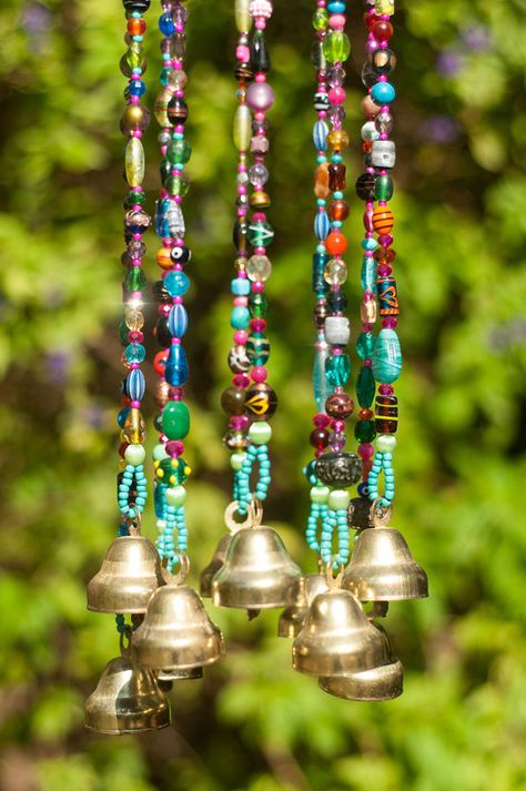 Wind chimes , beaded mobile with Brass bells , sun catcher , Bohemian décor , Hippie style décor  I love bells .. and to look at sparkling crystal Beaded Bells, Carillons Diy, Beaded Mobile, Unique Wind Chime, Bohemian Style Decor, Art Perle, Diy Wind Chimes, Deco Boheme, Bohemian Colors