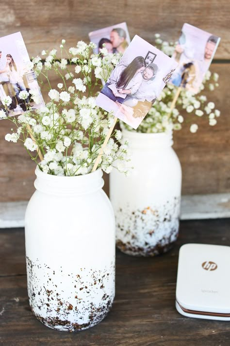 Wedding Centerpieces Diy With Pictures, Mason Jar With Flowers Centerpieces, Pictures In Mason Jars, Mason Jar Picture Centerpieces, Wedding Table Decorations With Pictures, Cheap Bridal Shower Centerpieces, Simple Mason Jar Centerpieces, Wedding Centerpieces With Mason Jars, Fey Wedding