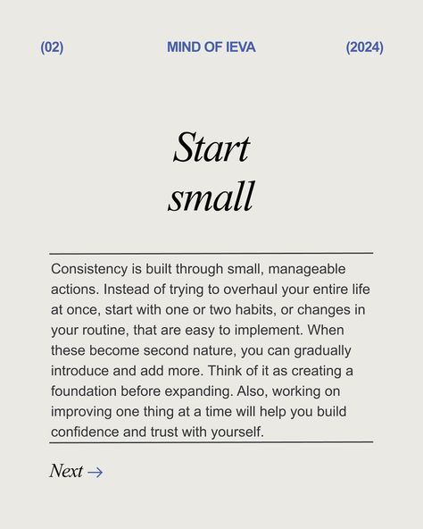 How to Be Consistent with Habits, Routines, and Life in General ⬇️ Ready to be consistent in life? Whether you’re trying to build new habits, stick to a routine, or make progress on long-term goals, consistency is the secret answer. It’s about showing up every day and making small, manageable steps towards your habits, routines or goals. Swipe 👉🏻 to discover simple strategies that will help you stay consistent! Don’t forget to save this post for later 🫶🏻 💬 What’s one habit you want to ... How To Build Consistency, How To Stick To A Routine, How To Be Consistent With Working Out, How To Stay Consistent, How To Be Disciplined In Life, How To Be Consistent, 75 Hard, Building Aesthetic, New Habits