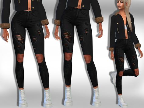 Ripped Black Jeans, Studded Shirt, Sims 4 Dresses, Black Jean Shorts, Black Ripped Jeans, Sims 4 Clothing, Workout Outfit, Sims 4 Cc, The Sims Resource