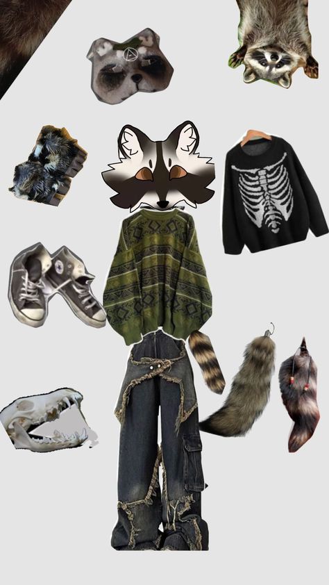 therian fit(raccoon)!! #raccoontherian Racoon Fursona, Raccoon Outfit, Raccoon Therian, Fairycore Fits, Raccoon Sweater, Therian Ideas, Artwork Sketchbook, Therian Stuff, Therian Mask