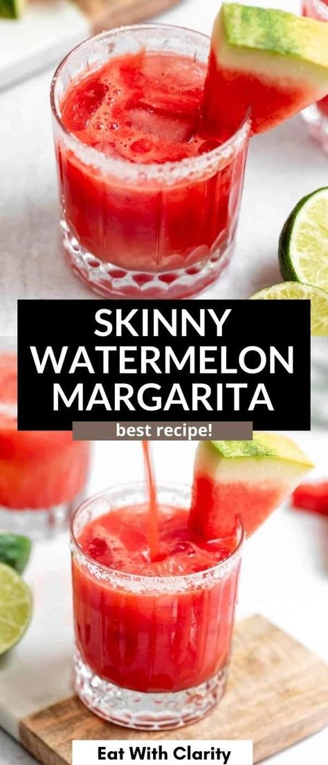 These easy skinny watermelon margaritas are easy to make and the perfect summer cocktail! Made with fresh watermelon juice, tequila and fresh lime juice, these margaritas are perfect for a party. Fresh Watermelon Margarita, Fresh Margarita Recipe, Watermelon Tequila, Fresh Watermelon Juice, Watermelon Margaritas, Cocktail Recipes Tequila, Tequila Recipe, Flavored Margaritas, Black Homecoming Dresses