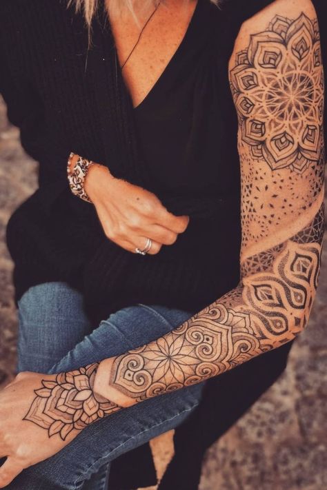 Geometric Tattoo Half Sleeve, Tattoo Half Sleeve Women, Lace Sleeve Tattoos, Tattoo Half Sleeve, Arm Tattoo Designs, Left Arm Tattoos, Mandala Tattoo Sleeve, Half Sleeve Women, Geometric Mandala Tattoo