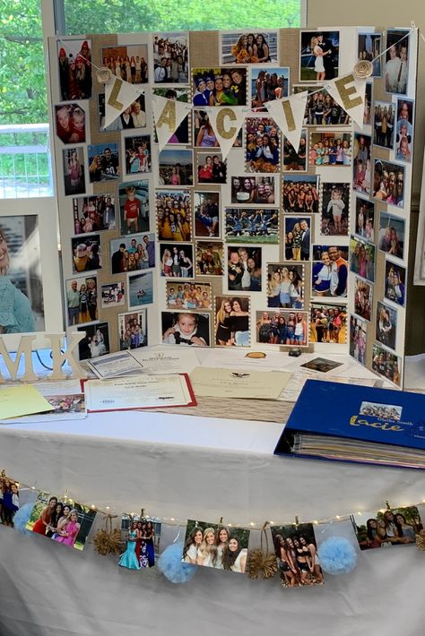 Graduation Pic Display Ideas, Graduation Party Poster Ideas, Photo Displays For Parties, Graduation Board Ideas Senior Year Photo Displays, Graduation Pictures Boards Display, Displaying Photos At A Party, Grad Party Trifold Board, Photo Collage Grad Party, Trifold Graduation Board Ideas