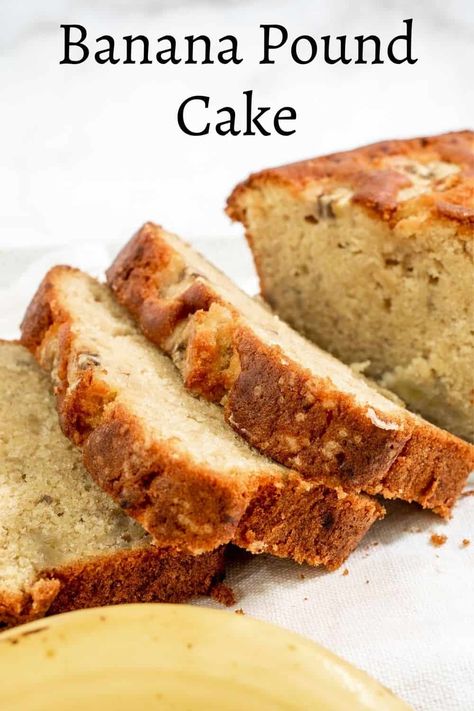 This banana pound cake is a lovely variation to the classic pound cake. It's absolutely moist and packed with delicious banana flavor. #bananapoundcake #bananapoundcakerecipe #bananacakerecipe #easybananacake #decoratedtreats Pound Cake Banana, Banana Bread Pound Cake, Banana Nut Pound Cake, Banana Pound Cake Recipes, Banana Nut Pound Cake Recipe, Banana Pound Cake, Classic Pound Cake Recipe, Classic Pound Cake, Healthy Cakes