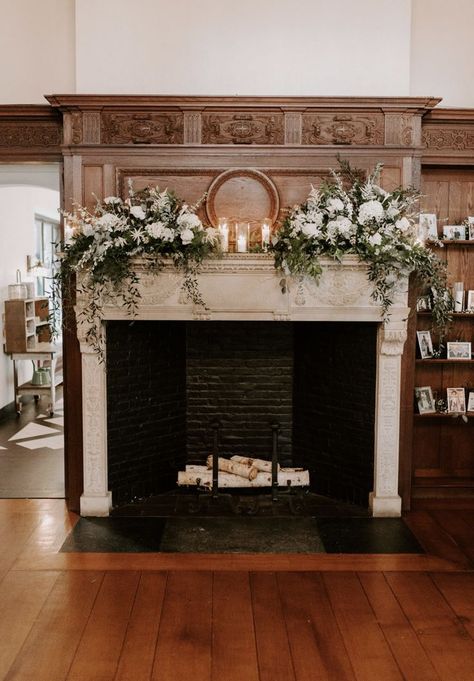 Summer at Willowdale Estate, we decorated this large mantle. Image by Henry Cotton Photography Mantel Floral Arrangements, Large Mantle, Wedding Mantle, Chimney Decor, Sydney White, Cotton Photography, Floral Studio, White Birch, Fireplace Mantle