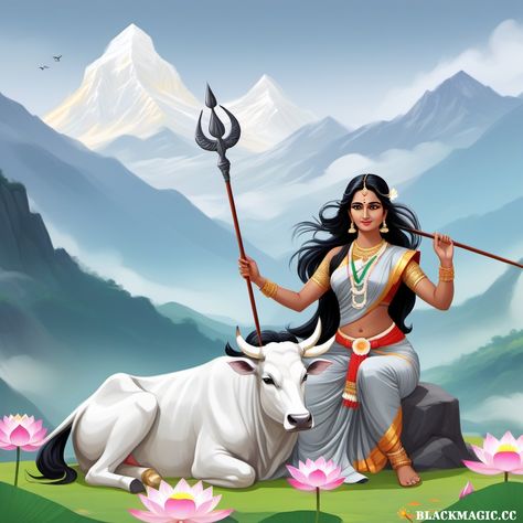 Shailaputri, the first manifestation of the Goddess Durga during Navaratri, is a symbol of purity and divine strength in Hinduism. Her name translates to "Daughter of the Mountain," signifying her connection with the Himalayas. Shailaputri is often depicted riding a bull, carrying a trident in one hand and a lotus flower in the other. Shailaputri Devi Images, Shailaputri Devi, Navaratri Day 1, Aadi Shakti, Morning Message, Goddess Durga, Indian Goddess, Hinduism Art, Devi Durga