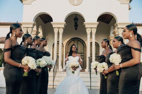 Bridesmaids On Grooms Side, All Black Wedding Bridesmaid Dress, Green Bridesmaids Black Groomsmen, Wedding Party Photos Black Dresses, Black Bridal Party Photos, Bride And Groom In White Wedding Party In Black, Black Bride And Bridesmaid Pictures, Bridal Party Photos Black People, Bride And Bridesmaid Pictures