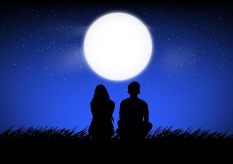 Couples Sitting On Beach At Night, Couple Moon Painting, Couple Sitting Silhouette, Boy Looking At Girl With Love, Couple Shilloute, Man And Woman Silhouette Couple, Couple Watching Moon, Moon Night Drawing, Couple Silhouette Painting