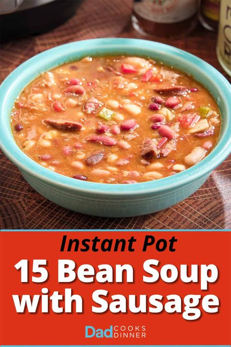 Instant Pot 15 Bean Soup With Sausage. It's time for a hearty soup with ALL THE BEANS, with sausage and Cajun flavors, ready in under an hour, thanks to pressure cooking. #InstantPot #InstantPotRecipe #PressureCooker #PressureCookerRecipe @InstantPotOfficial Instant Pot Bean Soup, Insta Pot 15 Bean Soup, Instapot 15 Bean Soup Recipe No Soak, 15 Bean Soup Recipes Instant Pot, 15 Bean Soup Crock Pot, 13 Bean Soup Instant Pot, Instant Pot 15 Bean Soup, 15 Bean Soup With Sausage, 15 Bean Soup Instant Pot