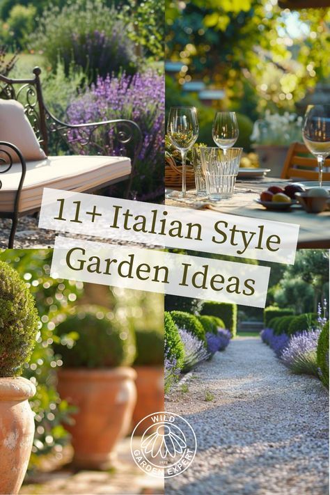 Tuscan Gardens Landscape, Small Tuscan Garden Ideas, Toscana Garden Design, Italian Pots Garden, Italian Garden Inspiration, Tuscan Courtyard Garden, Italian Inspired Landscaping, Provence Style Garden, Tuscan Outdoor Decor