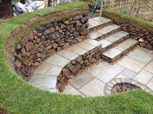 Fire Pit Ring, Fire Pit Landscaping, Stone Steps, Stone Fire Pit, Fire Pit Seating, Sunken Garden, Stone Bench, Fire Pit Area, Fire Pit Designs