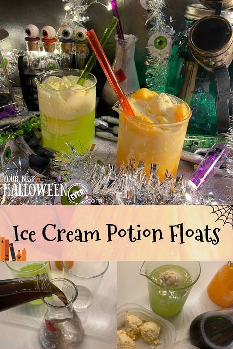 For our penultimate Bev Bar Tuesday recipe of the year, we’ve got an easy potion that’ll have you shouting, “It’s alive!” – without having to work in your lab until late at night! Get the recipe for our Ice Cream Potion Floats, made with specialty flavored sodas and edible luster dust and served in beaker glassware, a perfectly sweet Halloween treat! Edible Luster Dust, Float Recipes, Soda Bar, Potions Recipes, Harry Potter Bday, Halloween Craft Projects, Ice Cream Floats, Luster Dust, Halloween Baking