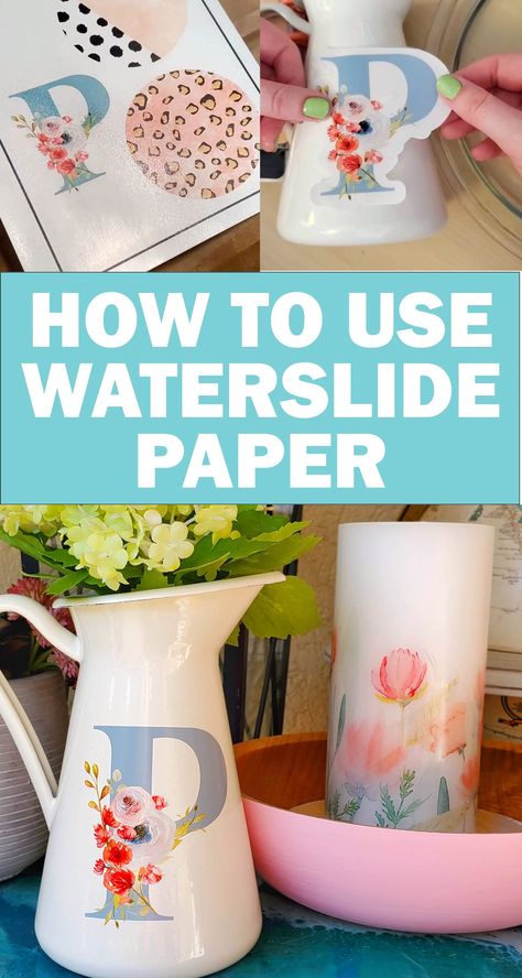 See how to use clear waterslide paper to make beautiful decals for vases, candles and more! Waterslide Decals Ideas, Diy Water Slide, Inkjet Waterslide Decal Paper, Tumbler Ideas Diy, Cricut Blanks, Planner Cover Printable, Water Slide Paper, Tumbler Wrap Ideas, Planner For School