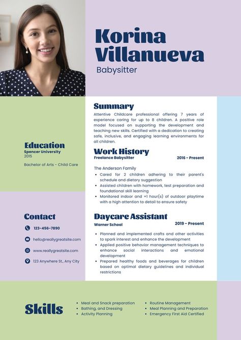 A resume is a personal marketing document that communicates your career objective and value to a hiring company. A strong resume is carefully planned and developed (not quickly typed up) in an appropriate format (style) designed to showcase your experience. Get this free resume template and easy editable Keywords: babysitter, nanny, daycare, helper, resume, CV, formal, header, work, curriculum vitae, personal, profile, portfolio Nanny Profile, Nanny Curriculum, Babysitting Resume, Minimalist Cv Design, Graphic Designer Cv, Babysitter Resume, Basic Resume Examples, Job Application Template, Career Objective