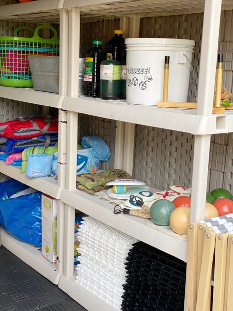 Outdoor Storage Diy Waterproof, Rubbermaid Shed Organization, Rubbermaid Storage Shed Organization, Plastic Shed Organization, Pool Shed Organization, Outside Toy Storage, Outdoor Waterproof Toy Storage, Outdoor Toy Storage Waterproof, Rubbermaid Storage Shed