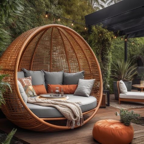 The perfect hangout Egg Chairs, Backyard Office, Deck Furniture, Hot Tub Outdoor, Roof Garden, Screened In Porch, Kitchen Garden, Swinging Chair, Exterior Design