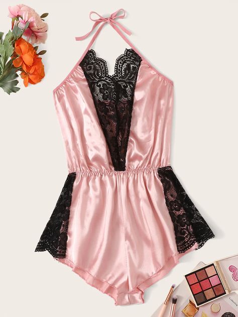 Romper Bodysuit, Halter Bodysuit, Halter Romper, Backless Jumpsuit, Pink Jumpsuit, Lace Silk, Luxury Lingerie, Shein Style, Lingerie Set