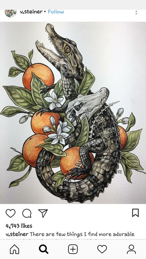 Always wanted a Florida tattoo to remind me of home and if alligators and oranges don't scream of the swampy state. Thanks to the artist for the inspiration, it's beautiful. Alligator Tattoo, Crocodile Tattoo, Florida Tattoos, Tier Tattoo, Nature Tattoos, Arte Fantasy, Skin Art, Animal Tattoos, Japanese Tattoo