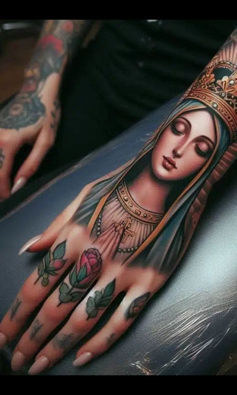 Virgin Mary Tattoo Color, Virgin Mary Portrait Tattoo, Virgin Mary Tattoo For Women Sleeve, Our Lady Of Fatima Tattoo, Virgin Mary Drawing Tattoo, Sacred Heart Of Mary Tattoo, Mary Traditional Tattoo, Mexican Hand Tattoos, Virgin Mary Back Tattoo Women