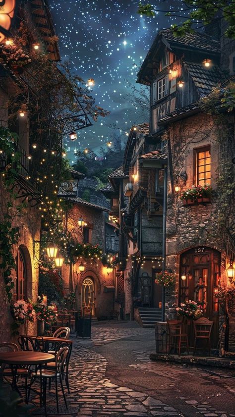 Old Town Art, Fantasy Town Aesthetic, Old Town Aesthetic, Old Town Painting, Night Lanterns, Medieval Wallpaper, Breaking Up With Him, Wallpaper Decor Ideas, Village At Night