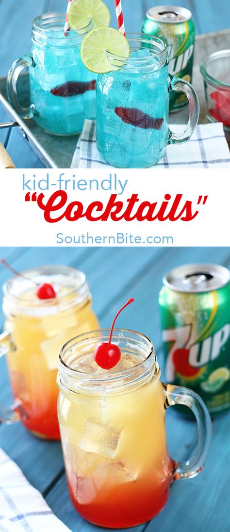 These kid-friendly Ocean Water and Pineapple Sunrise "cocktails" made with @7UP are the perfect things to keep the kiddos cool this summer! They're pretty cool looking, too! #ad Drinks Ads, Sunrise Cocktail, Kid Friendly Drinks, Healthy Delicious Recipes, Perfect Things, Kid Drinks, Jello Shots, Ocean Water, Fruit Drinks