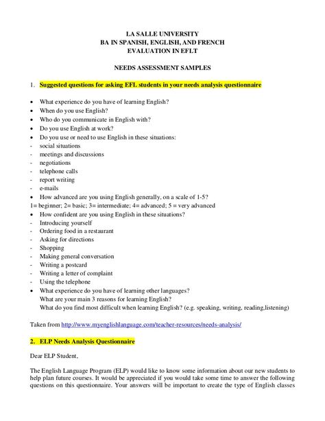 Some samples of needs assessment questionnaires and instruments. Needs Analysis Questionnaire, Self Assessment Questions, Research Questionnaire, Training Needs Analysis, Types Of Assessments, Needs Analysis, Sample Question Paper Class 9, Needs Assessment, Ap European History