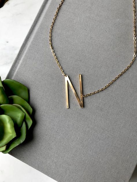 Gold Initial Necklace Letter N Necklace Alphabet Necklace Large Initial 14k Gold Filled Minimalist Necklace Gold Sideways Letter Necklace Nancy Name, Ns Logo, Antique Wedding Jewelry, N Necklace, Alphabet N, Necklaces Chunky, Minimalist Necklace Gold, Stylish Alphabets, Gold Initial Necklace