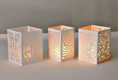 Tea light lanterns made with Cricut Explore, by Gaila's Paper Crafts.  #cricutmade Paper Night Light, Paper Lanterns Cricut, Tea Light Lanterns Diy, Cricut Paper Lantern, Cricut Lamp, Paper Lantern Pattern, Cricut Lantern, Tea Light Crafts, Lanterns Paper