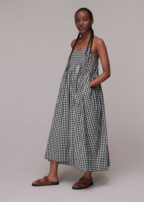 Buy Black/Multi Carmen Gingham Trapeze Dress | WHISTLES whistles.com. Our latest maxi dress comes in a trapeze silhouette and has been designed in a sweet gingham print. Trapeze Dress Outfit, Trapeze Silhouette, Latest Maxi Dresses, Maxi Sundress, Maxi Dress Black, Trapeze Dress, Women's Casual Style, Gingham Dress, Gingham Print