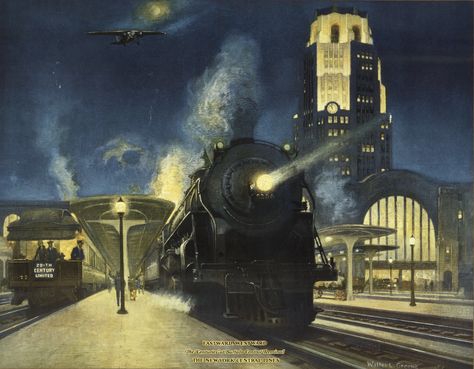 "EASTWARD WESTWARD / The "Centuries" of Buffalo Central Terminal" (1929-30) - Illustration by Walter L. Greene (1870-1956) for a calendar printed by New York Central Railroads for the year 1930. Steam Pictures, Buffalo Central Terminal, New York Central Railroad, Railroad Art, Train Art, New York Central, France Art, History Projects, Usa Art