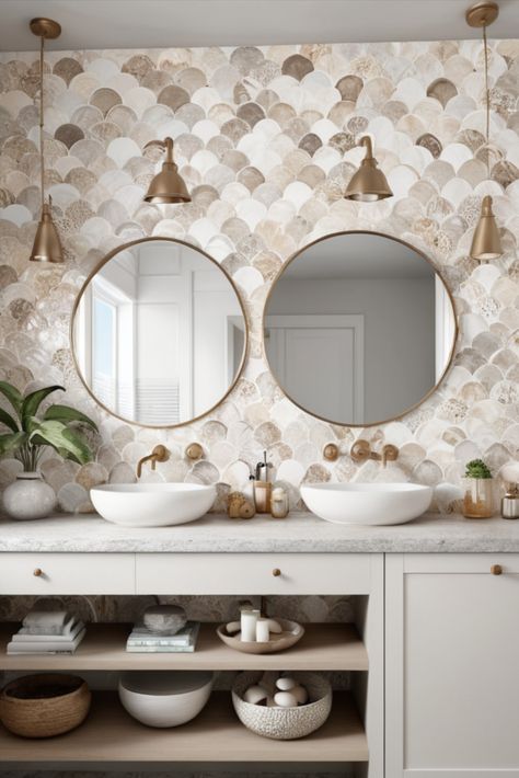 Capture seaside sophistication in your compact bathroom with shell-inspired tiles and lustrous pearl finishes. Beach house elegance meets practical design. #CoastalStyle #SmallBathroom #PearlFinishes Shell Tile Bathroom, Small Elegant Bathroom, Pearl Kitchen, Shell Bathroom, Elegant Bathrooms, Kitchen Cabinetry Design, Shell Tiles, Vintage Bathroom Decor, Compact Bathroom