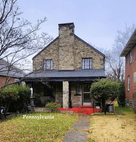 Built in 1935, here is a stone house for sale in Pennsylvania. The three bedroom, one bath home has a stone fireplace, hardwood floors, and tiled kitchen with vintage cupboards.     3 bed 1 bath 1,180 sqft 6,395 sqft lot   About Thisc.1935 Stone House For Sale in Pennsylvania 3 bedroom home with so much potential. This 2 story Stone home has Charm galore - it just needs some TLC and a finishing #affordablehome #brickhomeforsale #brickhouseforsale #bungalowforsale Vintage Cupboards, Tiled Kitchen, Story Stone, Vintage Cupboard, Bungalows For Sale, Home Warranty, Living And Dining Room, Stone Houses, Stone House