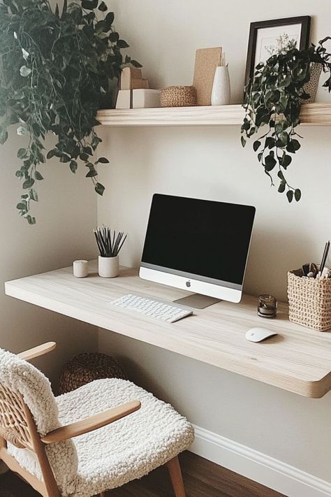 Save space with a DIY floating desk for small workspaces. Perfect for productivity without the clutter. #DIYDesk #SmallSpaceSolutions #HomeOffice Minimalistic Home Office, Diy Floating Desk, Workspace Organization, Chic Office Decor, Home Office Designs, Small Workspace, Minimalist Home Office, Minimalistic Home, Desks For Small Spaces