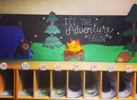 Camping, fall theme bulletin board for the classroom. Let the adventure begin. Camping Bulletin Boards, Forest Theme Classroom, Preschool Camping, Camping Theme Preschool, Forest Classroom, Camping Classroom, Camping Theme Classroom, Theme Preschool, Camping 101