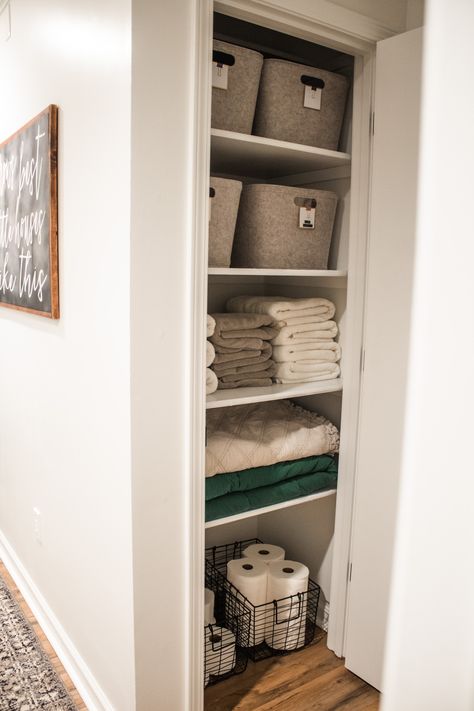 linen closet makeover hallway Linen Closet Small Spaces, Small Hallway Linen Closet Ideas, Linen Closet Diy Hallway, Linen Closet Makeover Hallways, Linen Closet Hallway, Linen Closets Ideas Hallway, Hallway Storage Closet, Small Linen Closet Organization Hallways, Linen Closet Organization Ideas Hallways