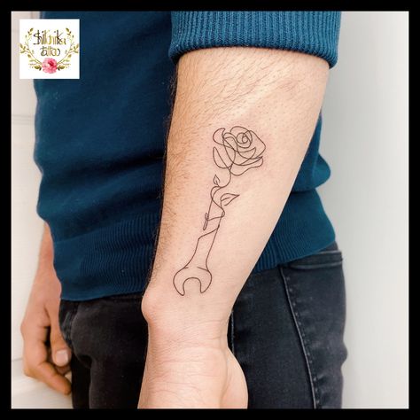 Mechanic Wife Tattoo, Mechanic Tattoo Ideas For Women, Small Mechanic Tattoo Ideas, Sprint Car Tattoo Ideas, Wrench Tattoo Small, Handyman Tattoo Ideas, Feminine Mechanic Tattoo, Wrench With Flowers Tattoo, Tattoos For Electricians