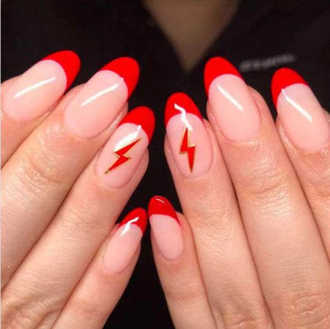 Red Lightning Bolt Nails, Red Lightning Nails, Lightning Bolt Nail Art, Lightening Bolt Nail Design, Nails With Lightning Bolt, Lightning Mcqueen Nails, Lightening Nails, Lightning Nail Art, Australia Nails