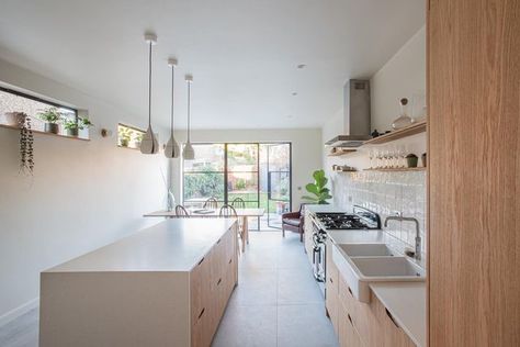 STUDIO MILNE Interior Designer. Walthamstow, London. on Instagram: "WALTHAMSTOW HOME KITCHEN RECONFIGURATION. The space originally had the dining room at the back with French doors leading to the garden and there was a high-level slot window, a sash window and a bay window. I kept the bay window in the open pantry in my designs and replaced the sash window with a slot window, so it looked more streamlined with 2 high-level ones. Both have oak shelves tying into the kitchen and offer the perf Slot Window, Open Pantry, Kitchen Drawing, Simple Kitchen Design, Oak Shelves, Integrated Appliances, Compact Living, Simple Kitchen, Cabinets Organization