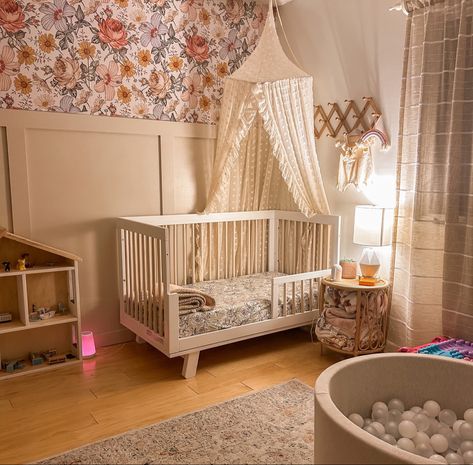 Whimsical Toddler Girl Room, Boho Toddler Girl Room, Canopy Over Crib, Boho Toddler Girl, Nursery To Toddler Room, Toddler Bedroom Design, Hudson Crib, Babyletto Hudson Crib