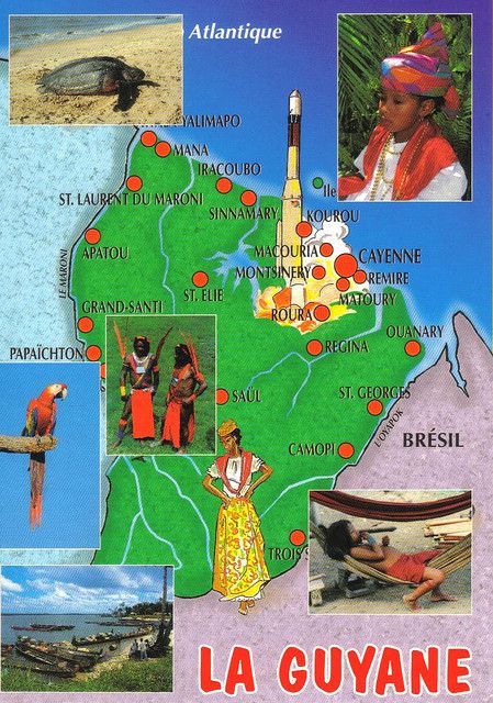 French Guiana map postcard South America Flag, British Guiana, French West Indies, World Thinking Day, Satellite Maps, Reunion Island, Fantasy Photography, French Guiana, Travel South