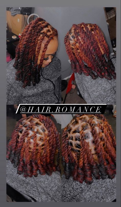 Fall Colored Locs Black Women, Burgundy And Ginger Locs, Fall Loc Colors, Fall Color Locs Black Women, Auburn Dreadlocks Black Women, Loc Extensions Styles, Fall Dreadlock Colors Black Women, Loc Color Ideas, Dread Color Ideas Locs