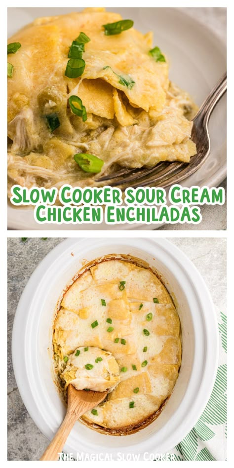 This creamy Chicken Enchilada Casserole calls for chicken breasts, green enchilada sauce, salsa verde, fire roasted green chiles, and a few other simple ingredients. Enchilada recipes like this are perfect for busy weekends, potlucks, or even game days. It's an authentic tex mex meal the whole family is sure to enjoy. Enchilada Recipe Crockpot, Creamy Chicken Enchilada Casserole, Crockpot Enchiladas, Sour Cream Chicken Enchilada Casserole, Mexican Crockpot, Sour Cream Chicken Enchiladas, Cream Chicken Enchiladas, Crockpot Chicken Enchiladas, Crockpot Mexican