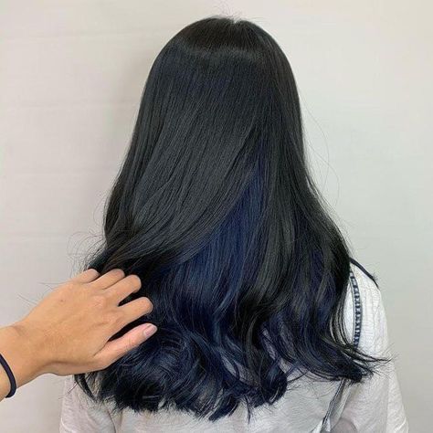 Black Hair With Blue Underneath, Black Hair With Underneath Color, Ombre Hair Color For Black Hair, Blue Hair Underneath, Blue Tips Hair, Blue Hair Streaks, Under Hair Dye, Blue Hair Color Ideas, Underdye Hair