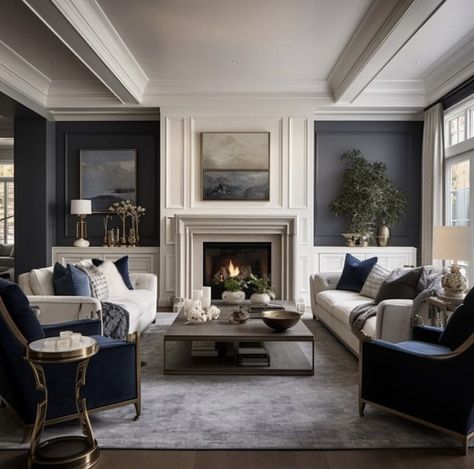 Home Interior Design Classic, Blues And Beige Living Room, Transition Style Living Room, Formal Lounge Room Ideas Interior Design, Modern Manor Interior, Ritz Carlton Interior Design, Classic Lounge Ideas, Timeless Modern Living Room, Great Room Inspiration