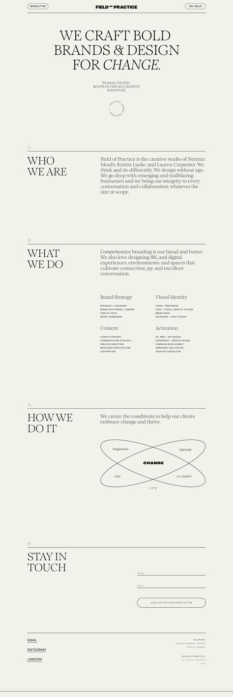 Minimal, text-only One Pager (featuring the beautiful Romie typeface) for Field of Practice creative studio. Brand One Pager, Text Only Website Design, Marketing One Pager Design, Presentation First Page Design, 1 Pager Design, Company One Pager Design, One Pager Website Design, One Pager Layout, Business One Pager