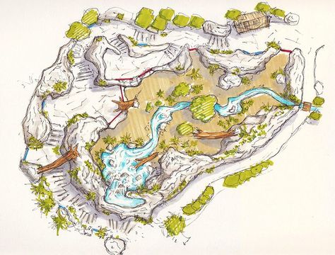 Zoo Exhibit Ideas, Compose Reference, Zoo Concept Art, Zoo Masterplan, Zoo Landscape, Jaguar Habitat, Zoo Exhibit, Zoo Drawing, Epic Landscape