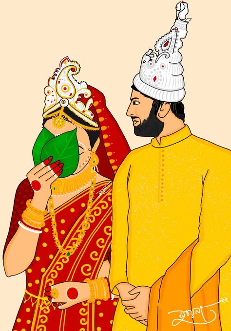 Bengali Couple Illustration Drawing, Bengali Wedding Illustration, Bengali Wedding Couple, Kulo Design, Kulo Art, Marriage Illustration, Marriage Frame, Kali Picture, Bengali Culture