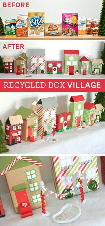 Repurposed cereal boxes Diy Christmas Village, Navidad Diy, Small Houses, Christmas Villages, Noel Christmas, Christmas Crafts For Kids, Christmas Activities, Xmas Crafts, Christmas Village